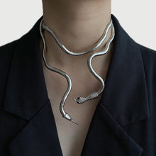 Load image into Gallery viewer, Image shows silver-tone Esme Serpent Necklace on model&#39;s neck.
