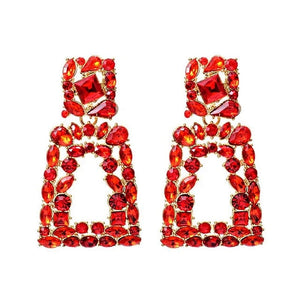 Image shows Ruby Red Jenny Drop Earrings product photo on white background.